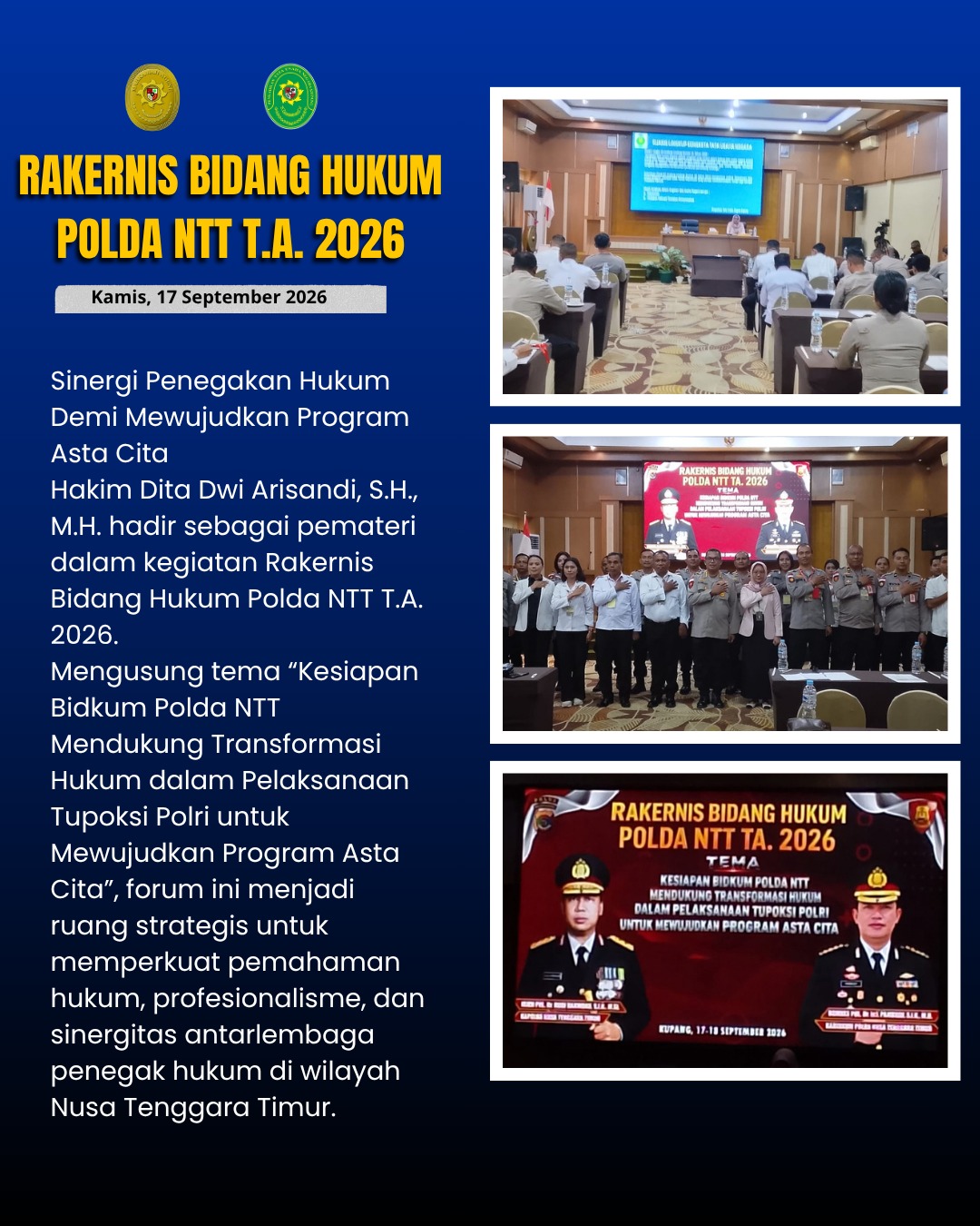 Hakim PTUN Kupang Hadiri Rakernis Bidang Hukum Polda NTT dalam Upaya Memperkuat Sinergi Penegakan Hukum